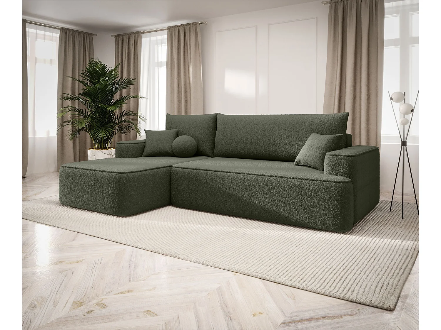 NAROŻNIK FIGO z funkcją spania Quelle 37 Ciemnozielony Lewy Sofa w kształcie L z pojemnikiem na pościel, sofa rozkładana, sofa do salonu