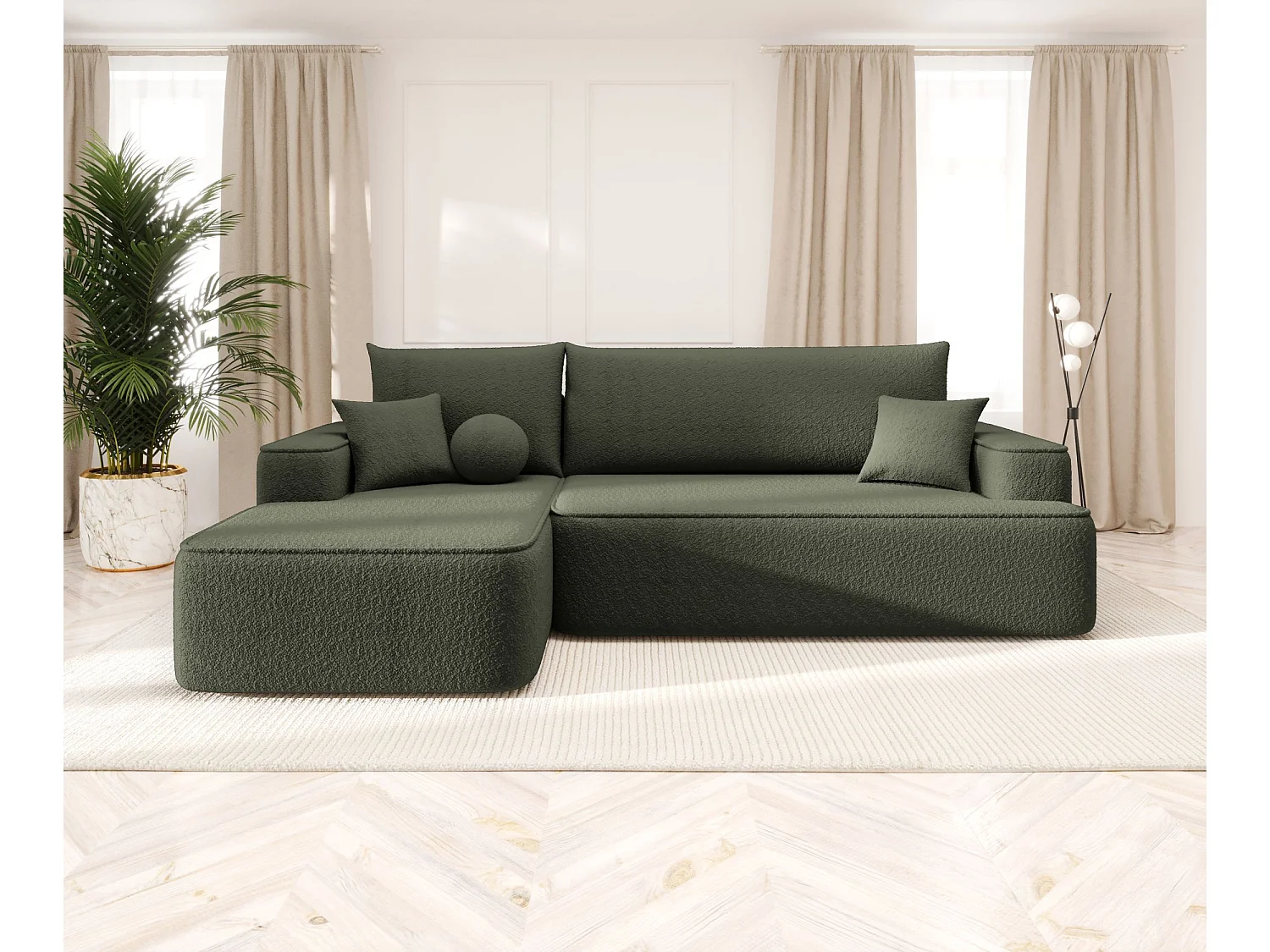 NAROŻNIK FIGO z funkcją spania Quelle 37 Ciemnozielony Lewy Sofa w kształcie L z pojemnikiem na pościel, sofa rozkładana, sofa do salonu