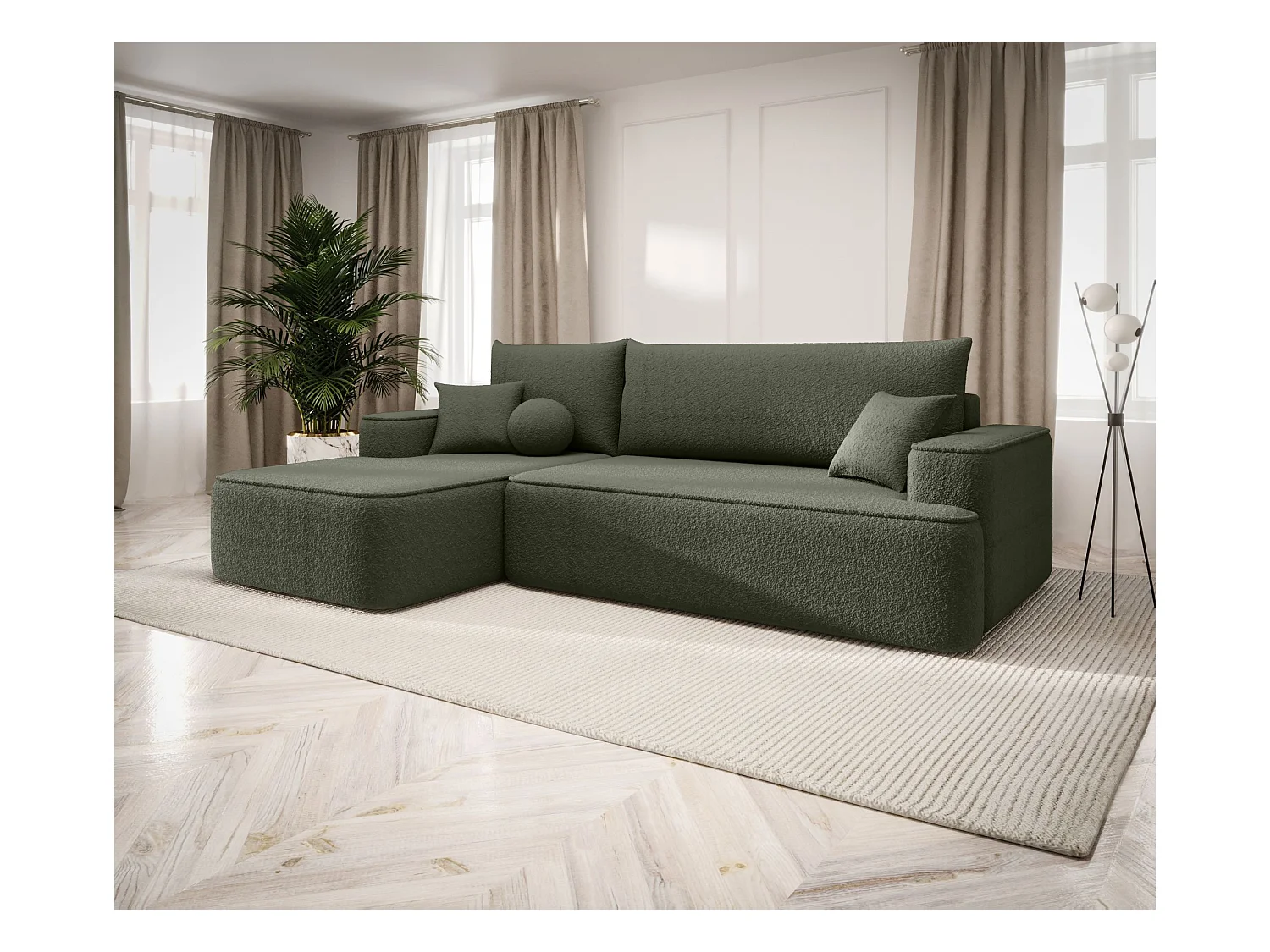 NAROŻNIK FIGO z funkcją spania Quelle 37 Ciemnozielony Lewy Sofa w kształcie L z pojemnikiem na pościel, sofa rozkładana, sofa do salonu