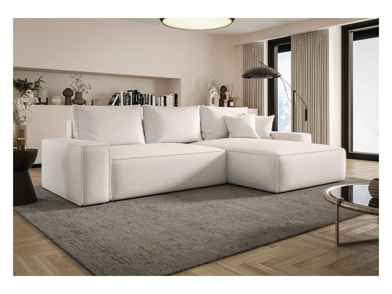 ECKSOFA MONA mit Schlaffunktion ARAGON 01 Weiß Rechts L-Form Sofa mit Stauraum Bettkasten Wohnzimmersofa Couch Sofa Bettsofa Bettkasten Bettcouch