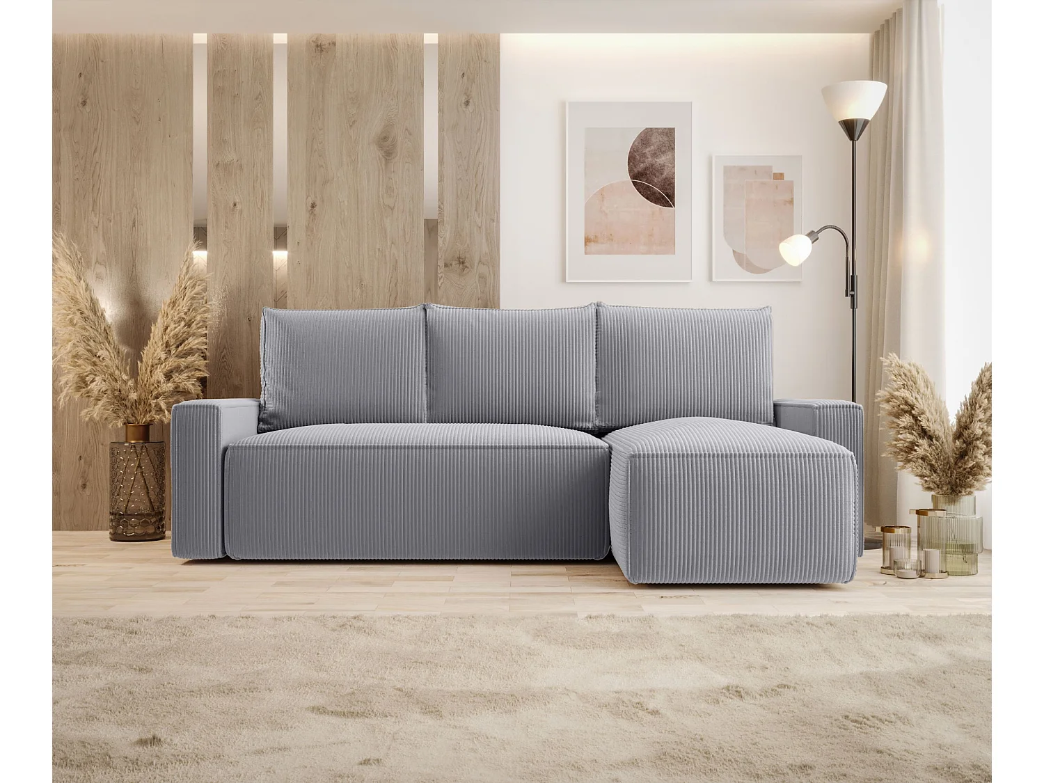 Narożnik z funkcją spania SAVIO Poso 55 szary prawy sofa w kształcie L z pojemnikiem na pościel sofa do salonu, sofa rozkładana, sofa z pojemnikiem