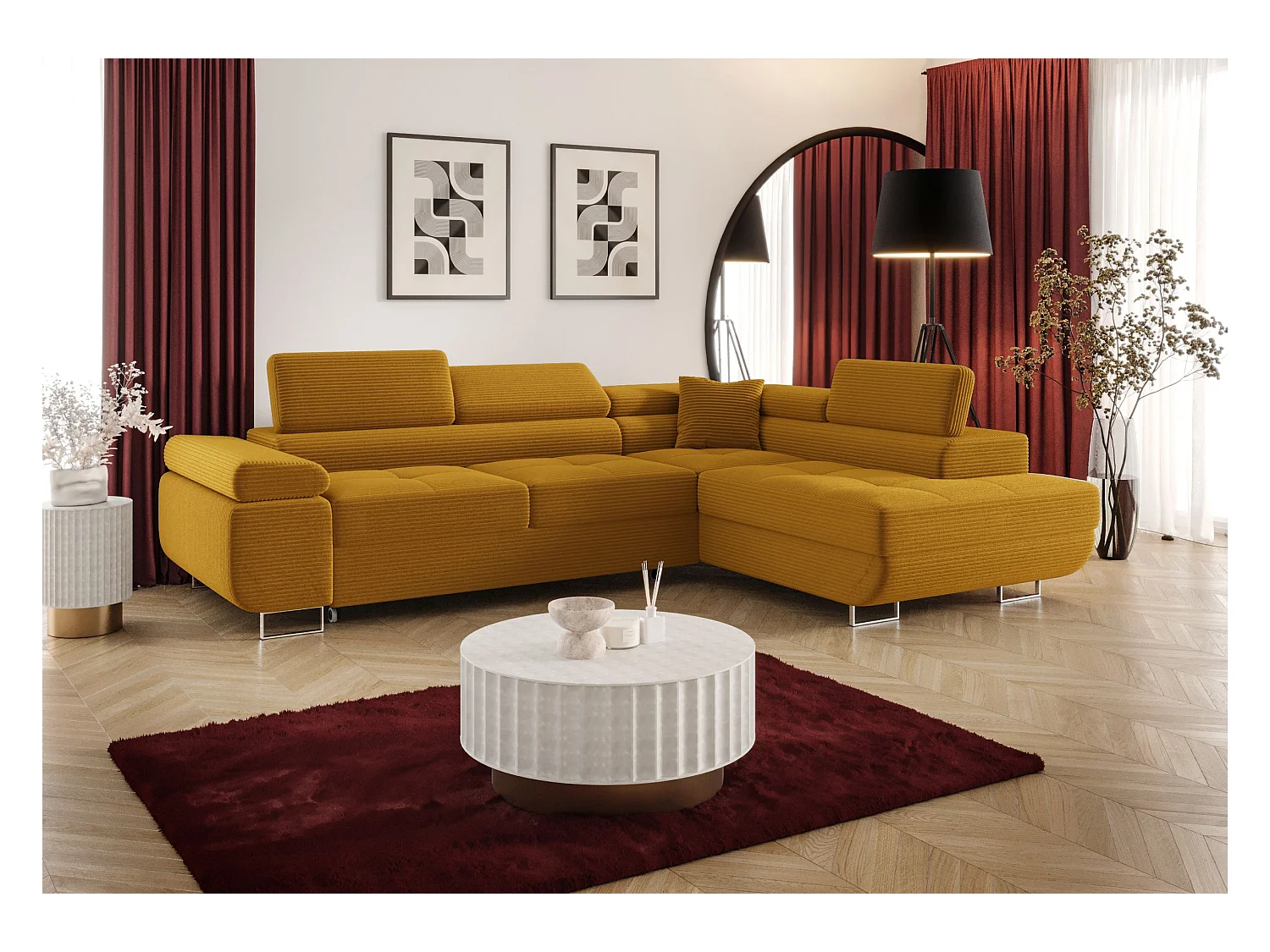 HOEKBANK EMILY met slaapfunctie Poso 01 Oranje Rechts L-vorm bank met opbergruimte, slaapbank, woonkamerbank