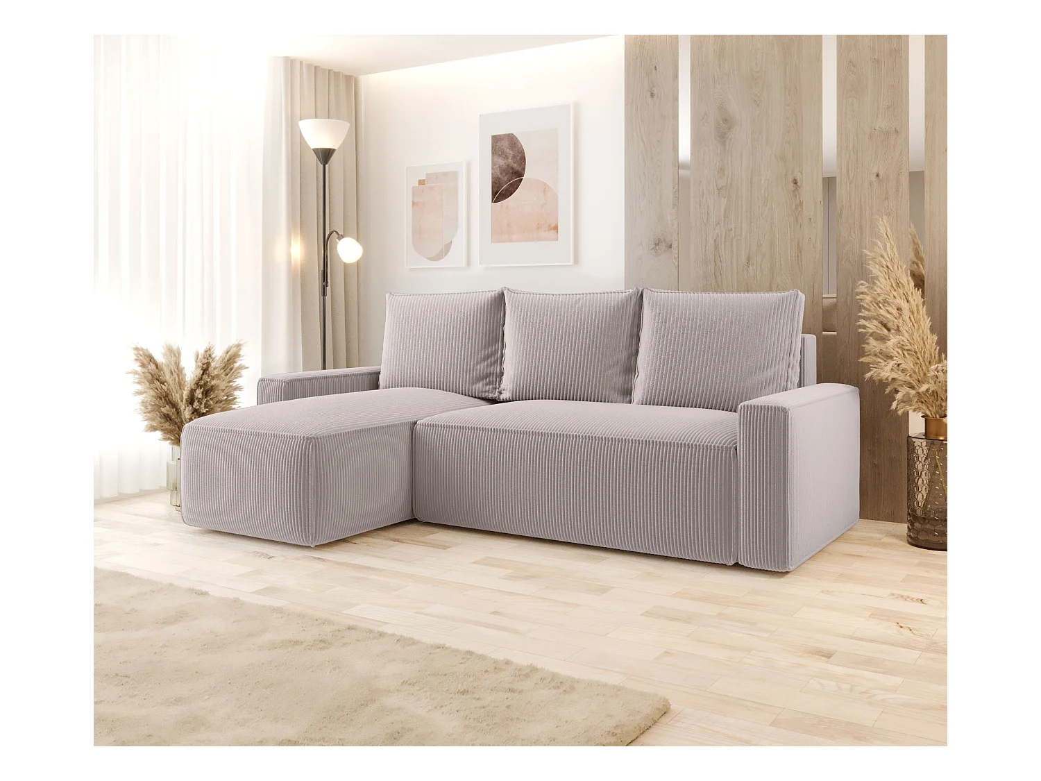 Narożnik z funkcją spania SAVIO Poso 100 ecru lewy sofa w kształcie L z pojemnikiem na pościel sofa do salonu, sofa rozkładana, sofa z pojemnikiem