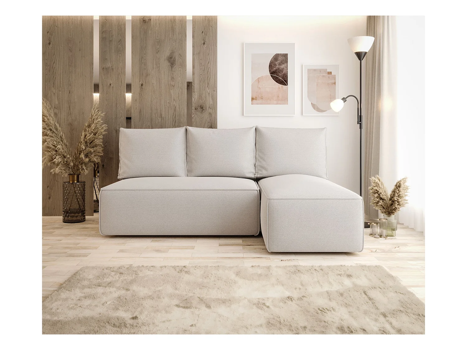 Narożnik z funkcją spania SAVIO MINI Curio 02 kremowy prawy sofa w kształcie L z pojemnikiem na pościel sofa do salonu, sofa rozkładana, sofa z pojemnikiem