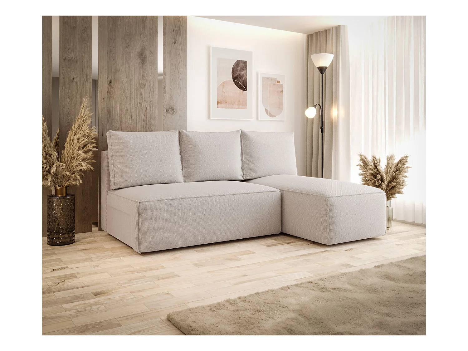 Narożnik z funkcją spania SAVIO MINI Curio 02 kremowy prawy sofa w kształcie L z pojemnikiem na pościel sofa do salonu, sofa rozkładana, sofa z pojemnikiem