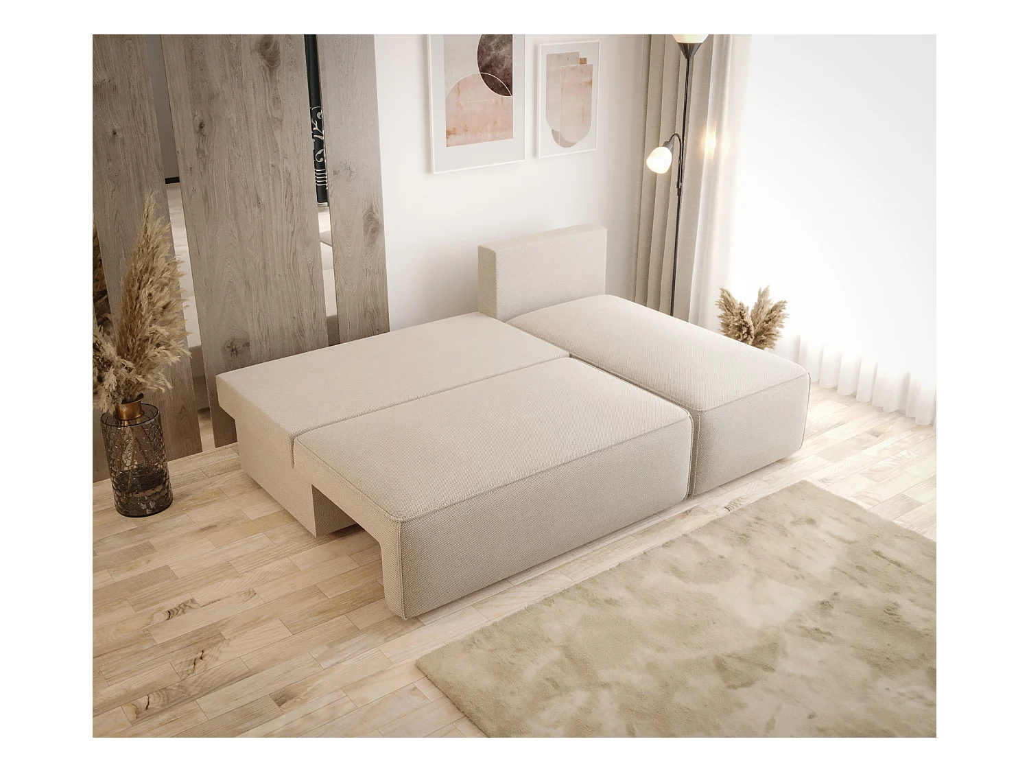 Narożnik z funkcją spania SAVIO MINI Curio 02 kremowy prawy sofa w kształcie L z pojemnikiem na pościel sofa do salonu, sofa rozkładana, sofa z pojemnikiem