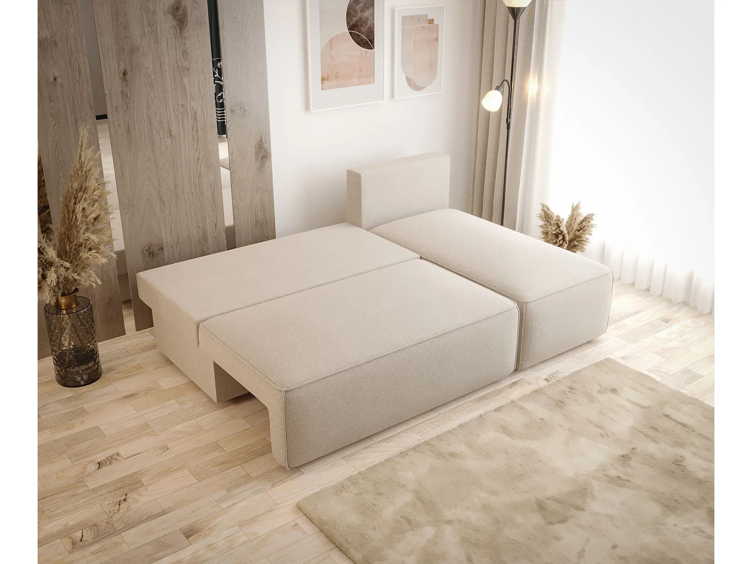 ECKSOFA mit Schlaffunktion SAVIO MINI Curio 02 Creme Rechts L-Form Sofa mit Stauraum Bettkasten Wohnzimmersofa Couch Sofa Bettsofa Bettkasten Bettcouch