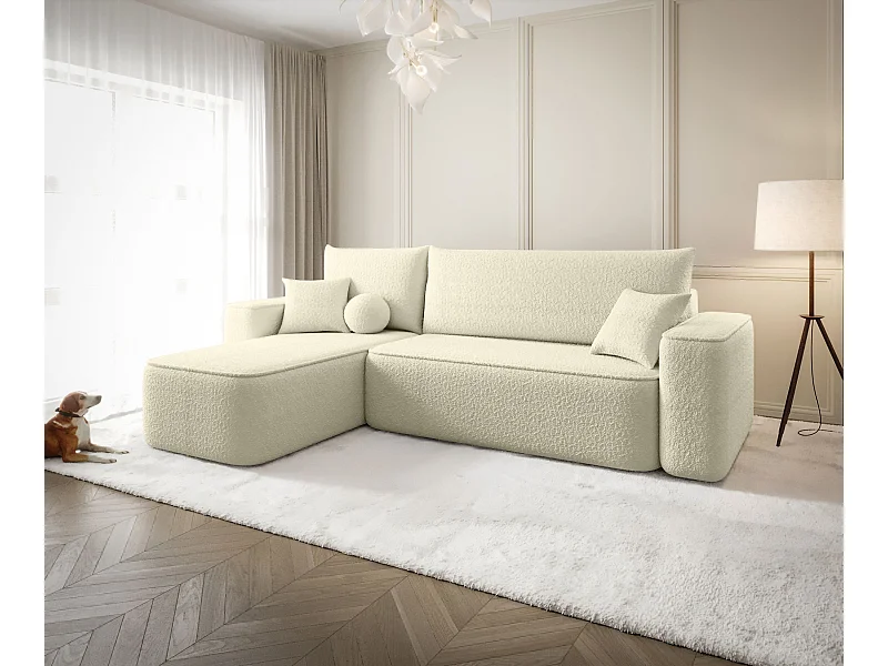 NAROŻNIK SENNO z funkcją spania Quelle 02 Ecru Lewy Sofa w kształcie L z pojemnikiem na pościel, sofa rozkładana, sofa do salonu