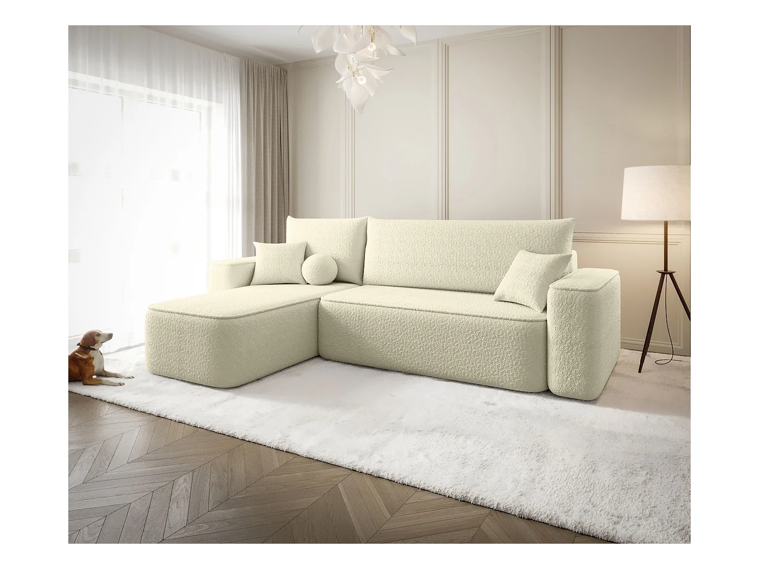 NAROŻNIK SENNO z funkcją spania Quelle 02 Ecru Lewy Sofa w kształcie L z pojemnikiem na pościel, sofa rozkładana, sofa do salonu