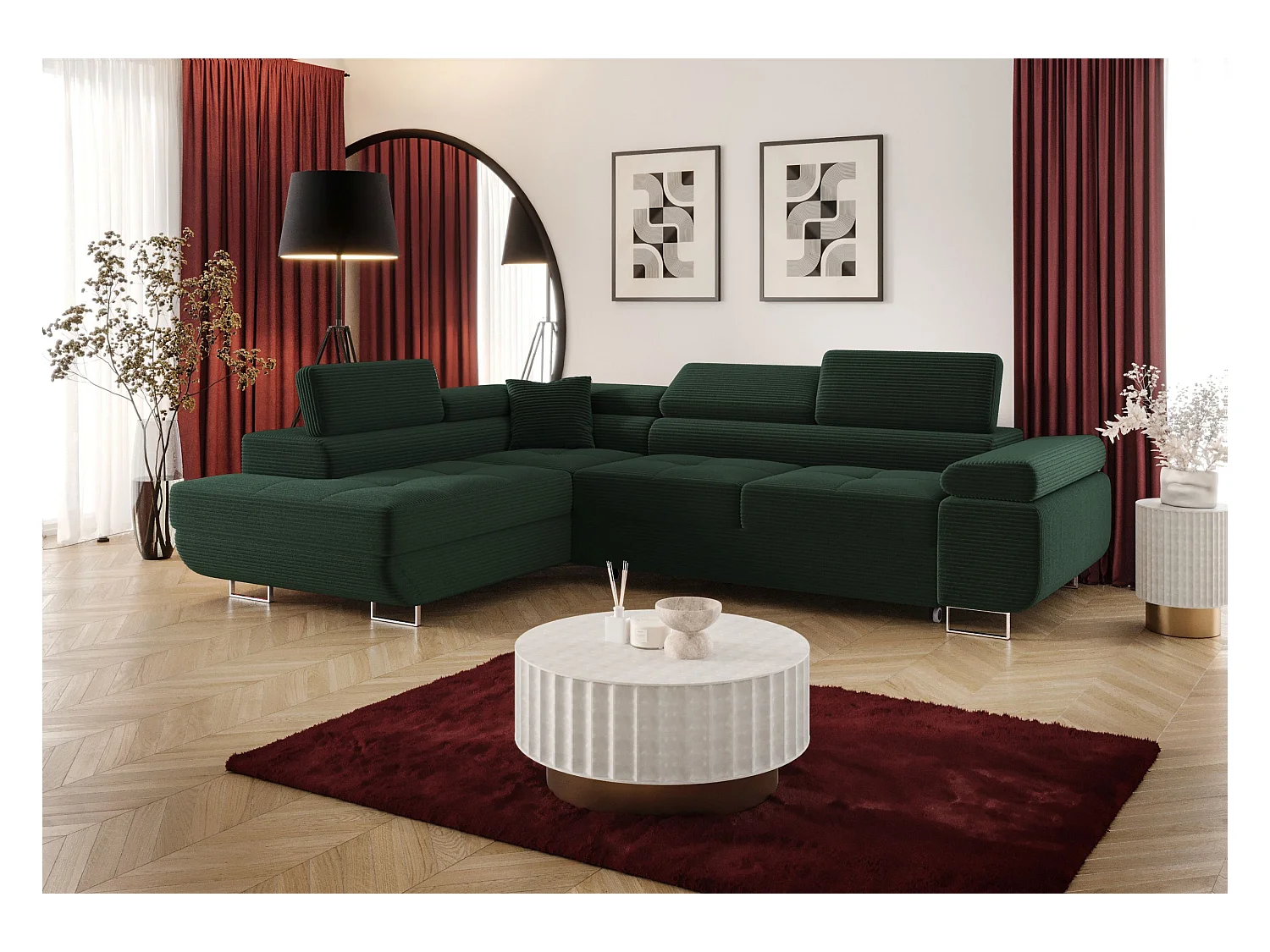 ECKSOFA EMILY mit Schlaffunktion Poso 14 Dunkelgrün Links L-Form Sofa mit Stauraum Bettkasten Wohnzimmersofa Couch Sofa Bettsofa Bettkasten Bettcouch