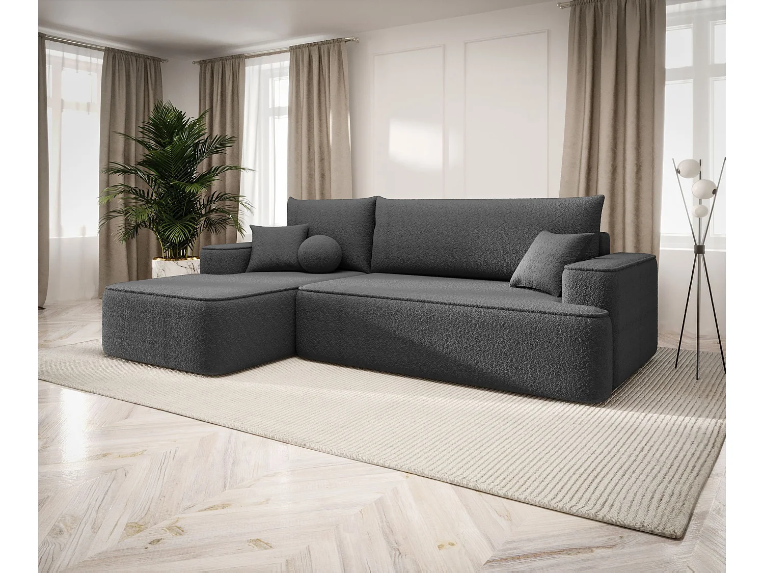 NAROŻNIK FIGO z funkcją spania Quelle 92 Ciemnoszary Lewy Sofa w kształcie L z pojemnikiem na pościel, sofa rozkładana, sofa do salonu