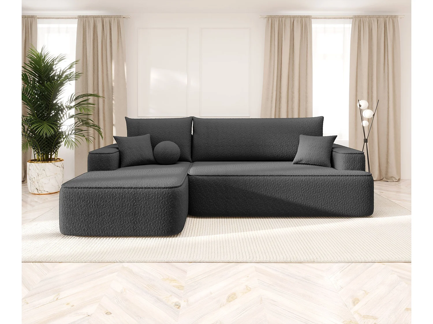 NAROŻNIK FIGO z funkcją spania Quelle 92 Ciemnoszary Lewy Sofa w kształcie L z pojemnikiem na pościel, sofa rozkładana, sofa do salonu