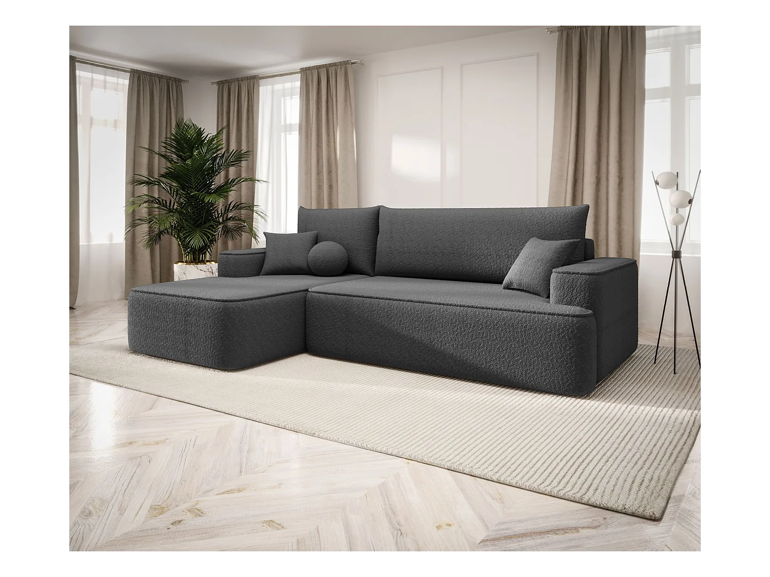 NAROŻNIK FIGO z funkcją spania Quelle 92 Ciemnoszary Lewy Sofa w kształcie L z pojemnikiem na pościel, sofa rozkładana, sofa do salonu