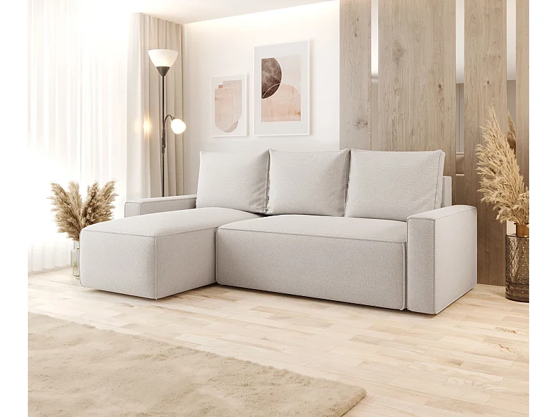 Narożnik z funkcją spania SAVIO Curio 02 kremowy lewy sofa w kształcie L z pojemnikiem na pościel sofa do salonu, sofa rozkładana, sofa z pojemnikiem
