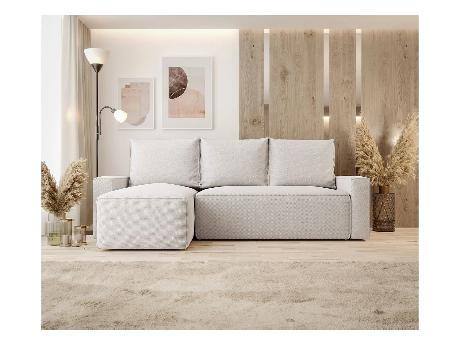 Hoekbank met slaapfunctie SAVIO Curio 02 crème links L-vormige bank met opbergruimte woonkamerbank, slaapbank, bank met opbergruimte