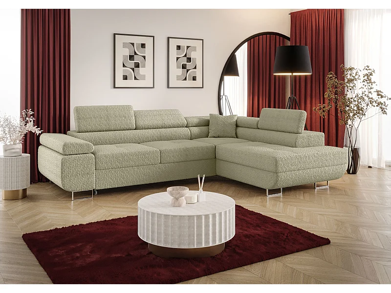 NAROŻNIK EMILY z funkcją spania Quelle 06 Beżowy Prawy Sofa w kształcie L z pojemnikiem na pościel, sofa rozkładana, sofa do salonu