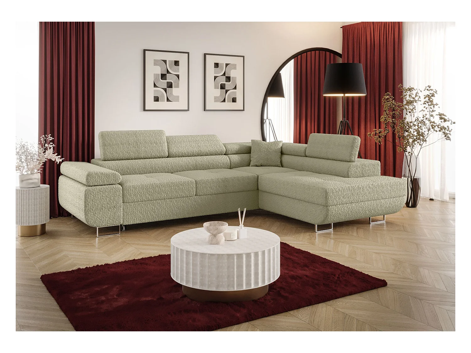 HOEKBANK EMILY met slaapfunctie Quelle 06 Beige Rechts L-vorm bank met opbergruimte, slaapbank, woonkamerbank