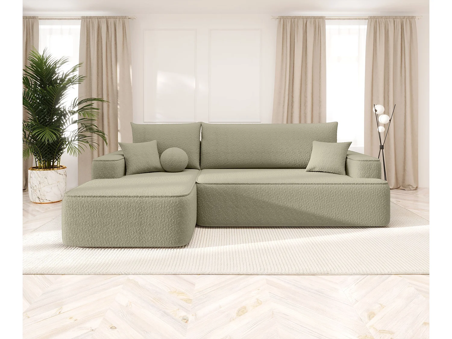 NAROŻNIK FIGO z funkcją spania Quelle 06 Beżowy Lewy Sofa w kształcie L z pojemnikiem na pościel, sofa rozkładana, sofa do salonu