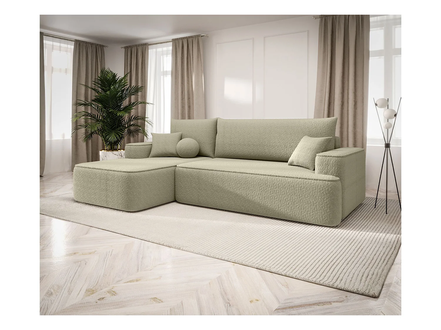 NAROŻNIK FIGO z funkcją spania Quelle 06 Beżowy Lewy Sofa w kształcie L z pojemnikiem na pościel, sofa rozkładana, sofa do salonu