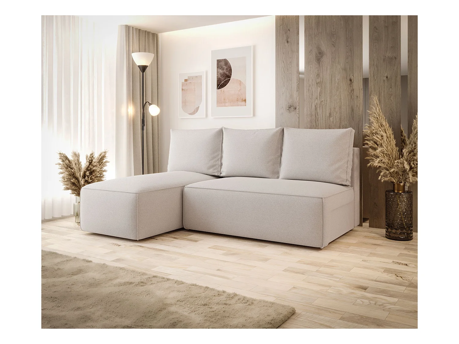 Narożnik z funkcją spania SAVIO MINI Curio 02 kremowy lewy sofa w kształcie L z pojemnikiem na pościel sofa do salonu, sofa rozkładana, sofa z pojemnikiem