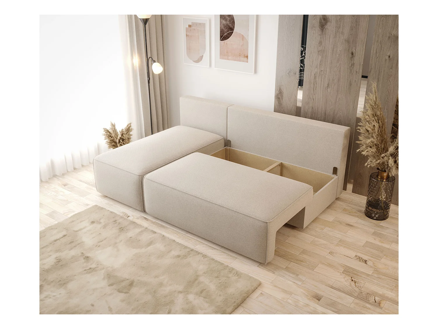 Narożnik z funkcją spania SAVIO MINI Curio 02 kremowy lewy sofa w kształcie L z pojemnikiem na pościel sofa do salonu, sofa rozkładana, sofa z pojemnikiem