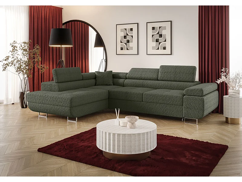 NAROŻNIK EMILY z funkcją spania Quelle 37 Ciemnozielony Lewy Sofa w kształcie L z pojemnikiem na pościel, sofa rozkładana, sofa do salonu