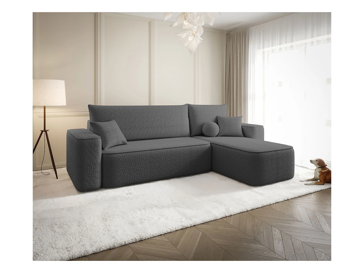 NAROŻNIK SENNO z funkcją spania Quelle 92 Ciemnoszary Prawy Sofa w kształcie L z pojemnikiem na pościel, sofa rozkładana, sofa do salonu
