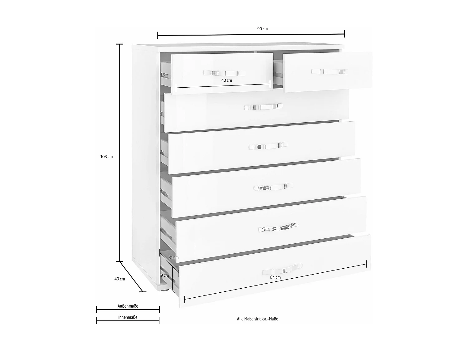 SCHUBKASTENKOMMODE Trio weiß / weiß Hochglanz 90 / 40 / 103cm