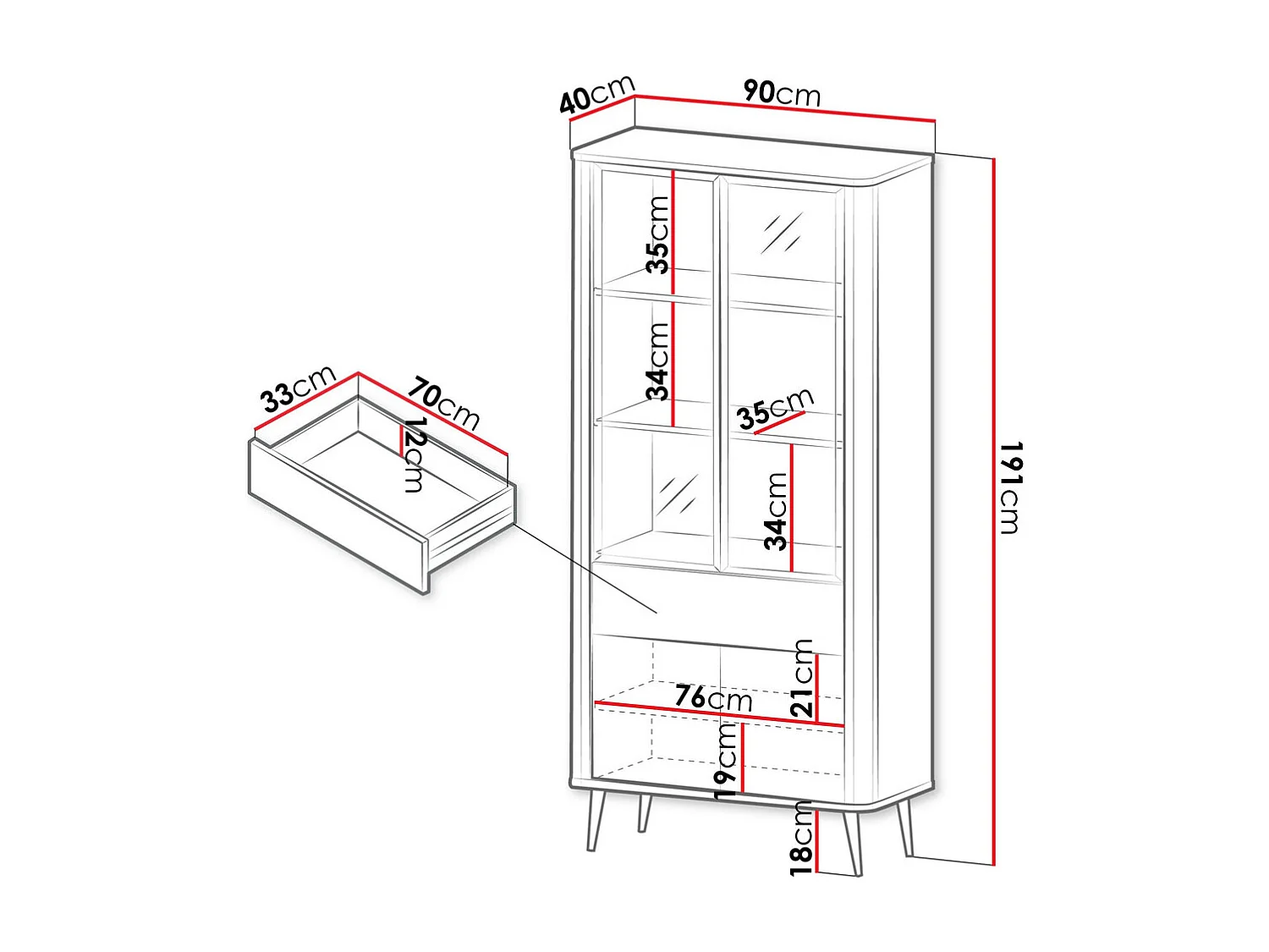 VITRINE Marly Kaschmir / Walnuss 90 / 40 / 191cm