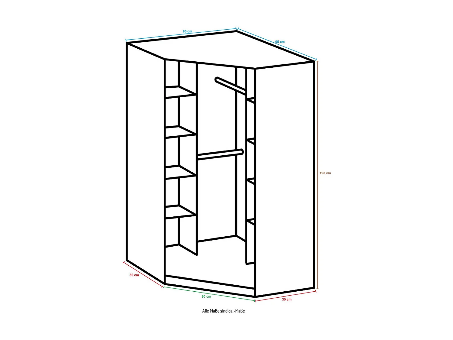 ECKSCHRANK Trio Korpus weiß / Front weiß hochglänzend 90 / 58 / 198cm