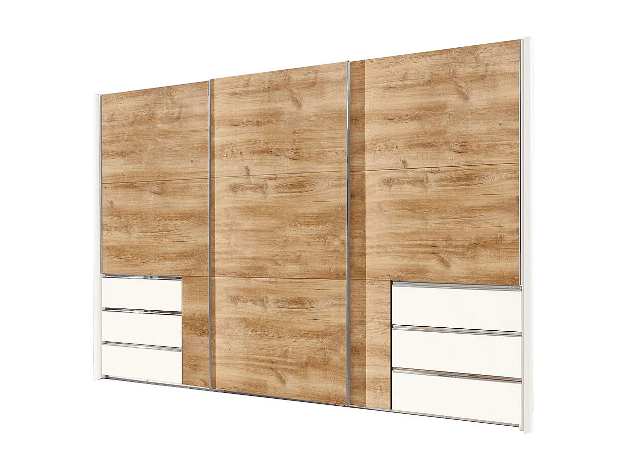 SCHWEBETÜRENSCHRANK Level weiß / Plankeneiche 300 / 65 / 236cm
