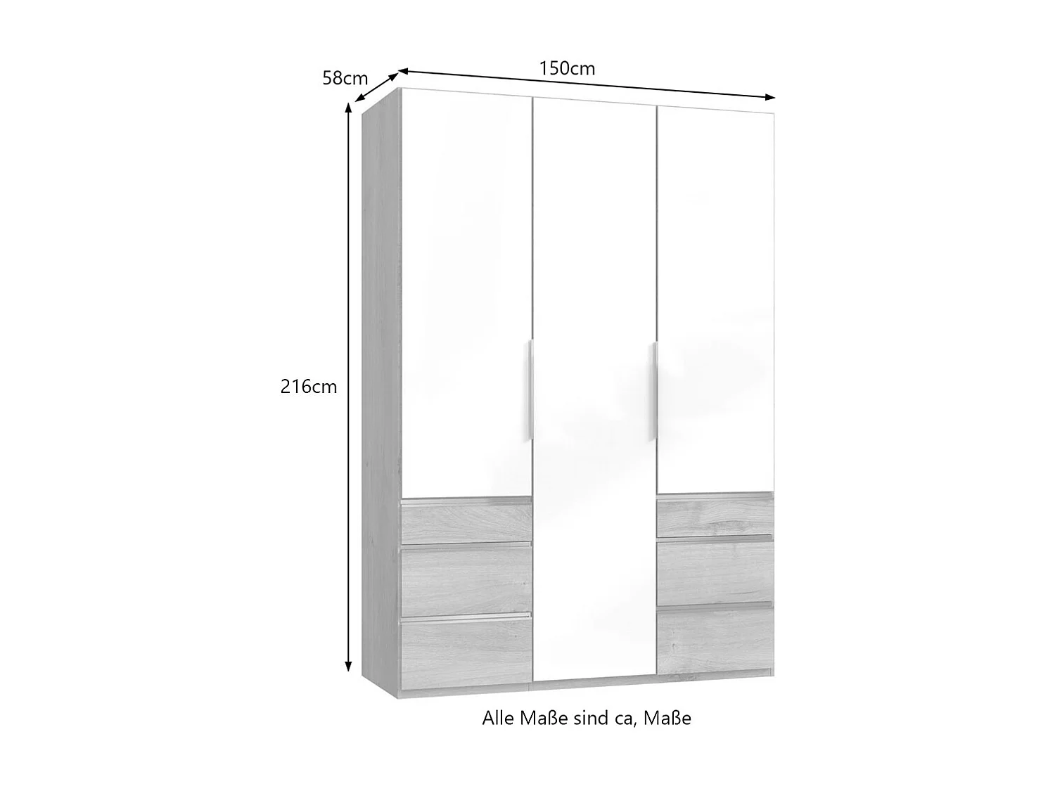 KLEIDERSCHRANK Level Plankeneiche / Weißglas 150 / 58 / 216cm