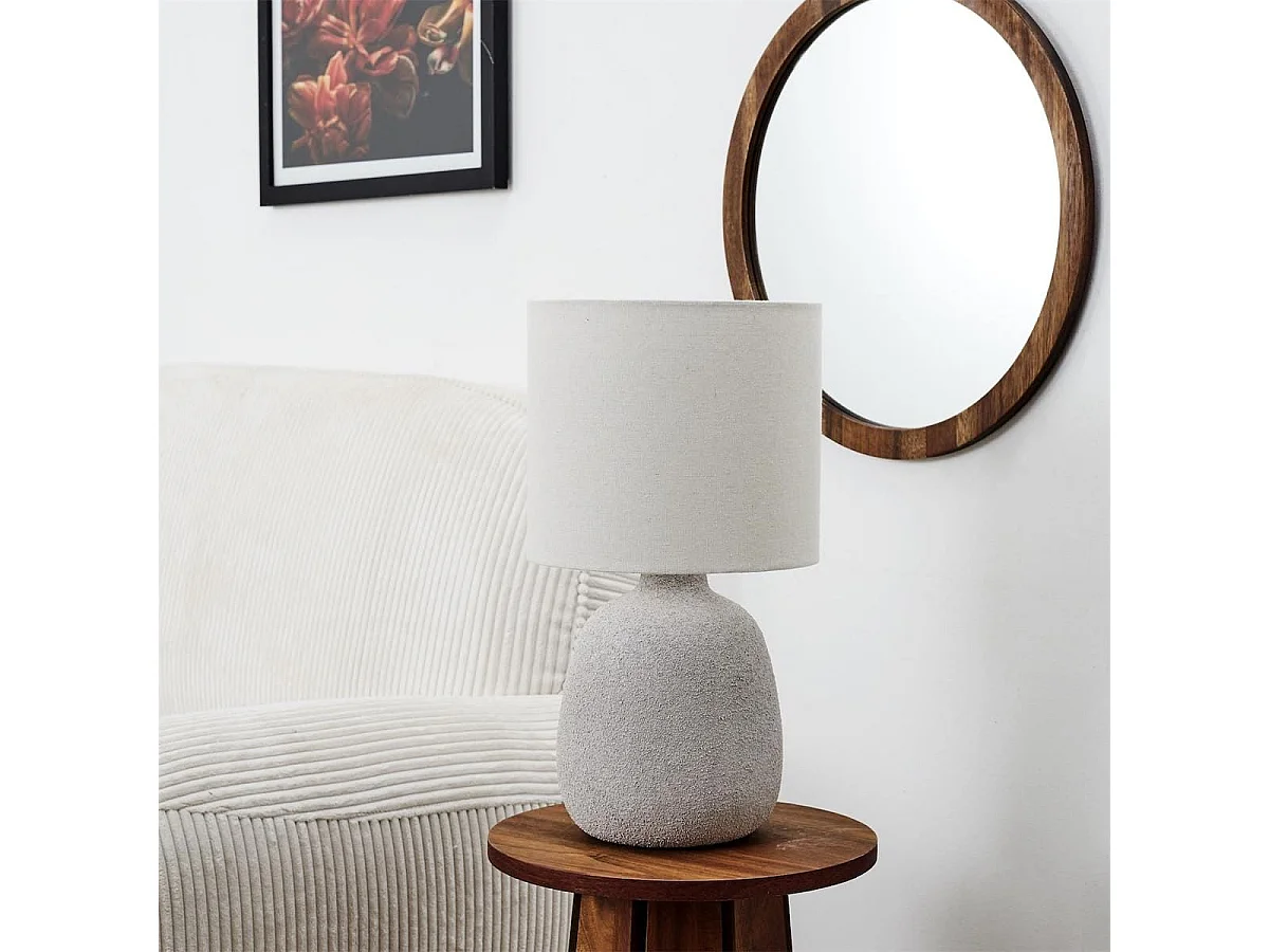 Lampe à poser en terre cuite embossée argent et abat-jour lin (H40cm)