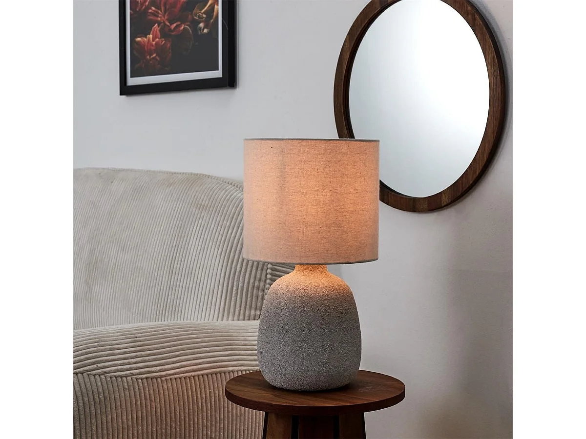 Lampe à poser en terre cuite embossée argent et abat-jour lin (H40cm)