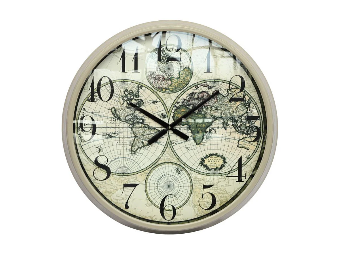 Grande horloge murale décorative map monde salon métal beige 75 cm
