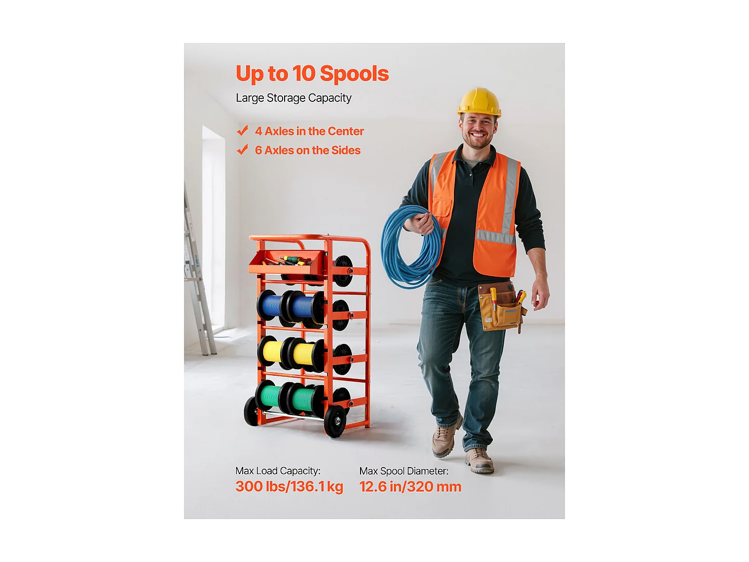 Support de Bobines de Fil SucceBuy, 11 Barres Transversales, Distributeur de Bobines de Câbles à Roulettes, Porte-Câbles Autoportant, Capacité 136 kg