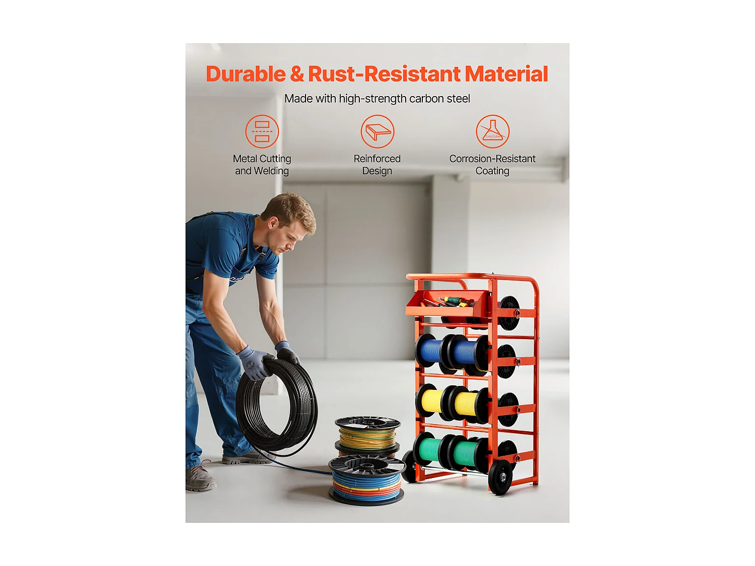 Support de Bobines de Fil SucceBuy, 11 Barres Transversales, Distributeur de Bobines de Câbles à Roulettes, Porte-Câbles Autoportant, Capacité 136 kg