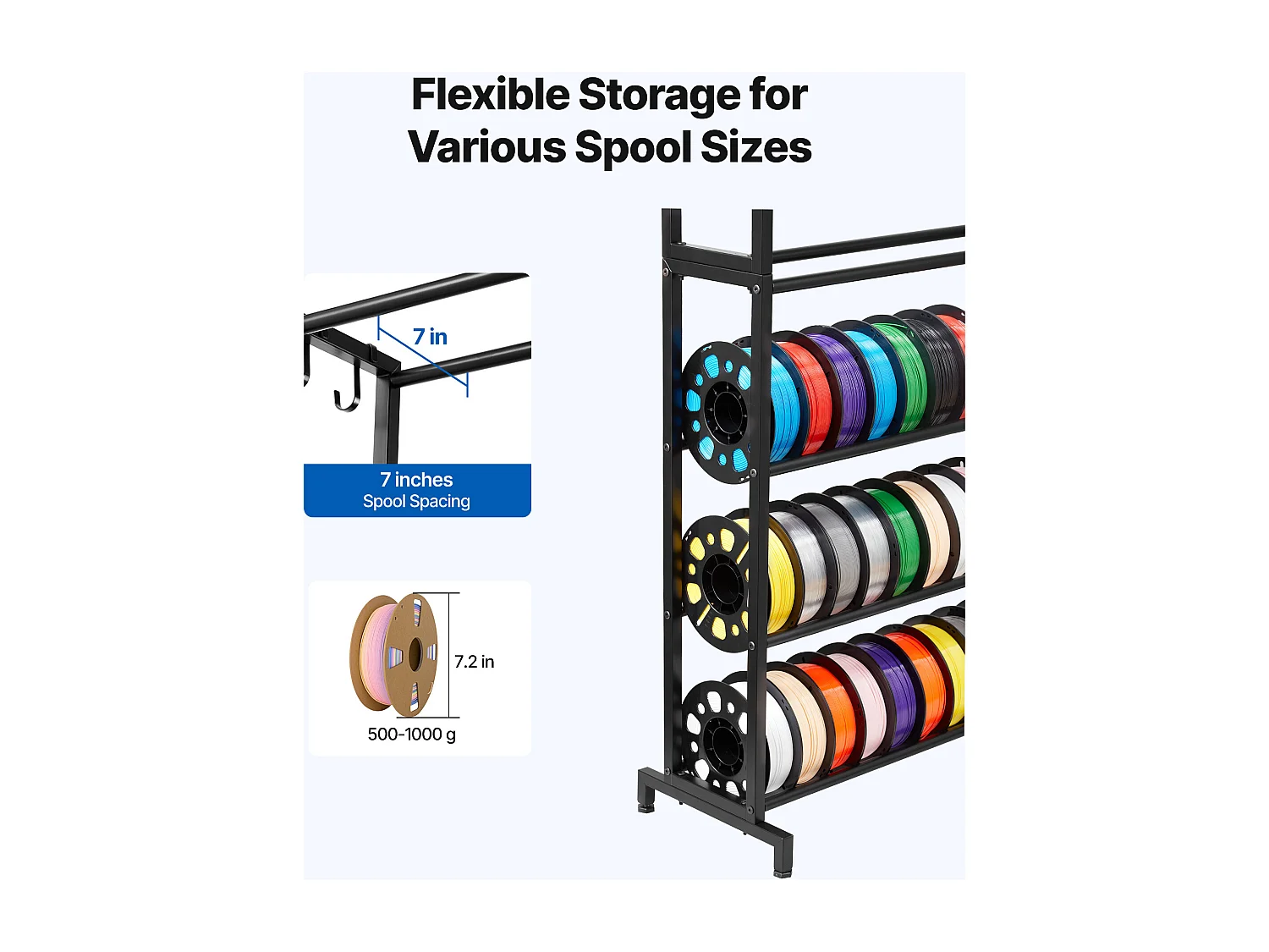 Filamentopslagrek SucceBuy met 7 Niveaus, Opslagrek voor 3D-Printerfilamenten, Draagvermogen 54,4 kg per Niveau, voor Werkplaats, Zwart