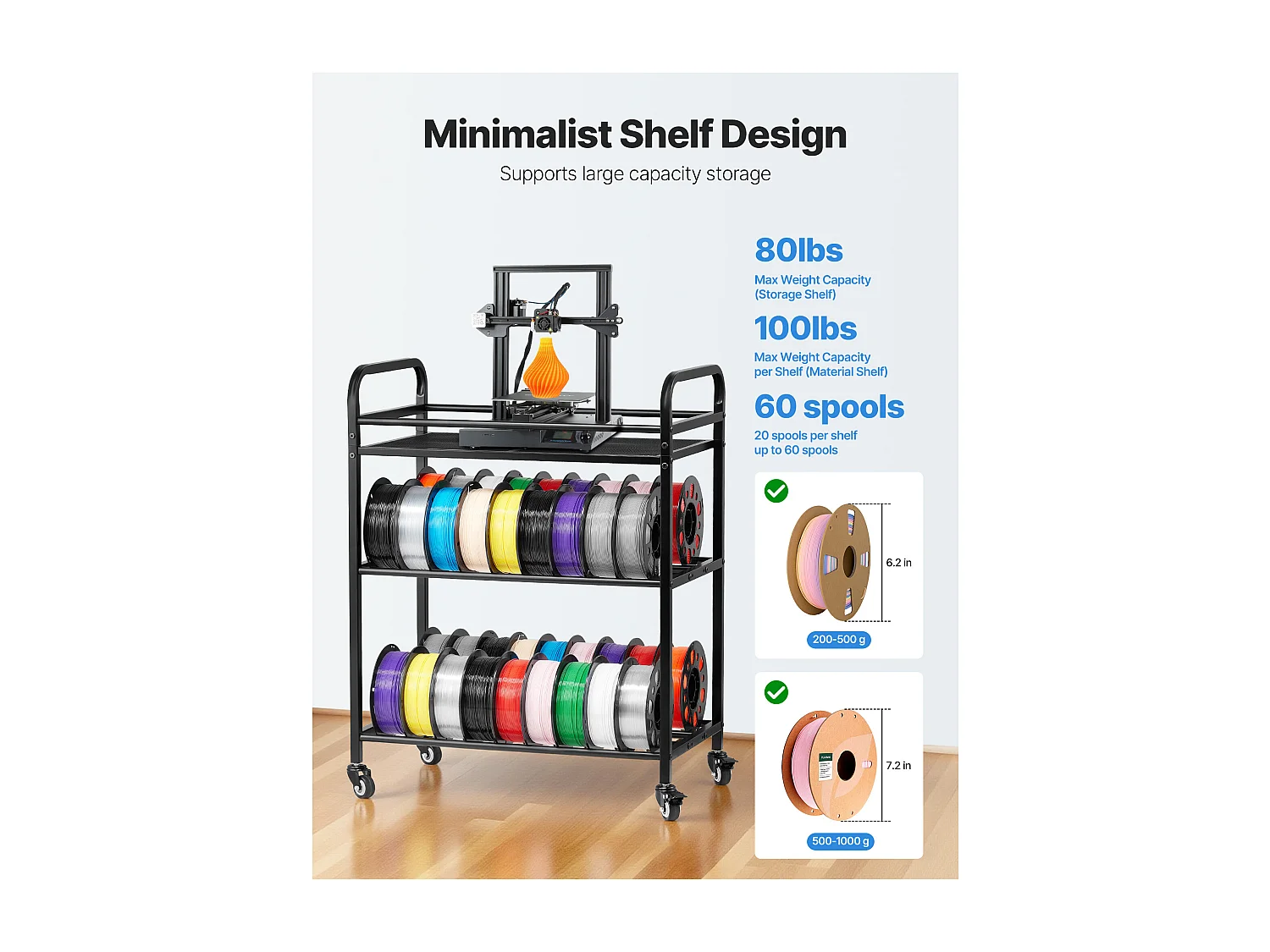 Mobiles Regal SucceBuy für Filamente mit 3 Ebenen, Regal zur Aufbewahrung von 3D-Drucker-Filamenten, für 3D-Druckstudio, Werkstatt, Schwarz