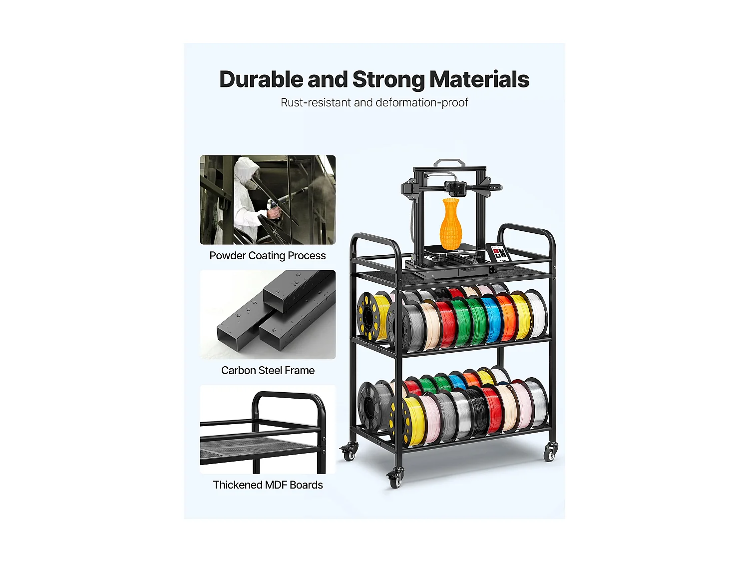 Mobiles Regal SucceBuy für Filamente mit 3 Ebenen, Regal zur Aufbewahrung von 3D-Drucker-Filamenten, für 3D-Druckstudio, Werkstatt, Schwarz