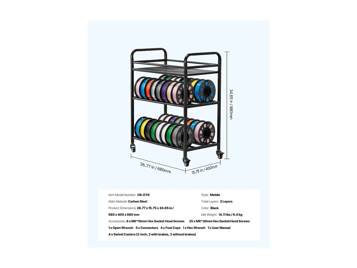 Soporte de Almacenamiento SucceBuy para Filamentos Móvil de 3 Niveles, Estantería de Almacenamiento para Filamentos de Impresora 3D, para Taller, Negro