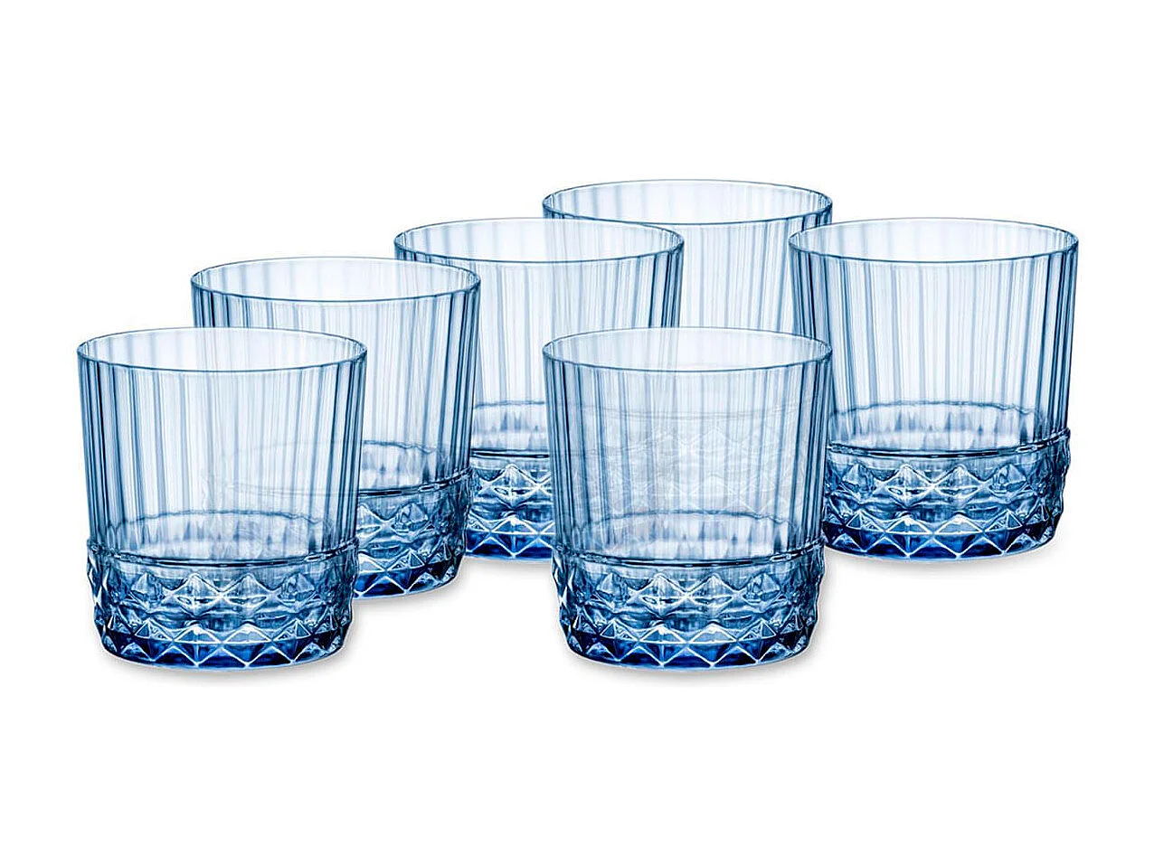 Pack de 6 vasos America 20's Bormioli 30cl con relieve azul