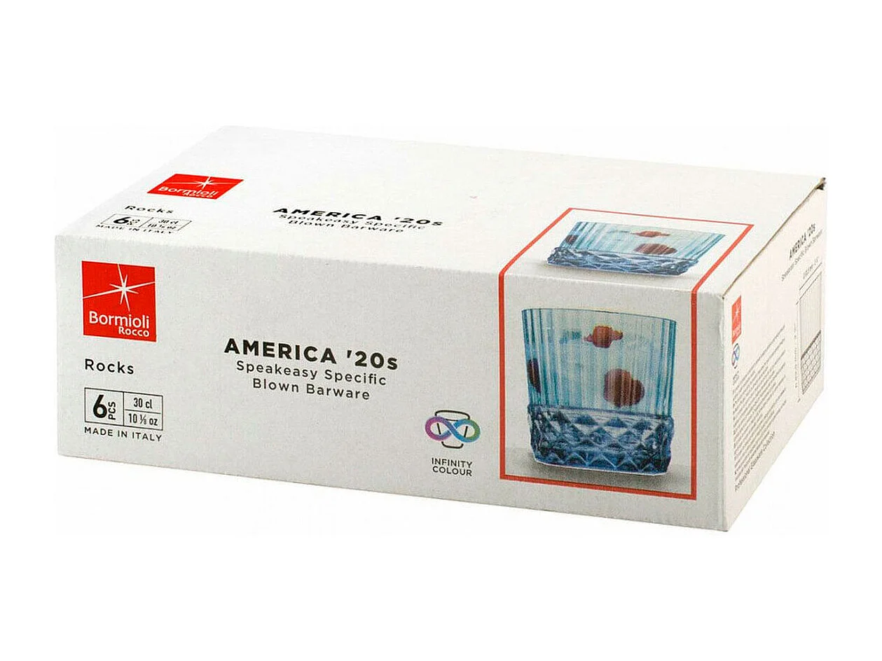 Pack de 6 vasos America 20's Bormioli 30cl con relieve azul