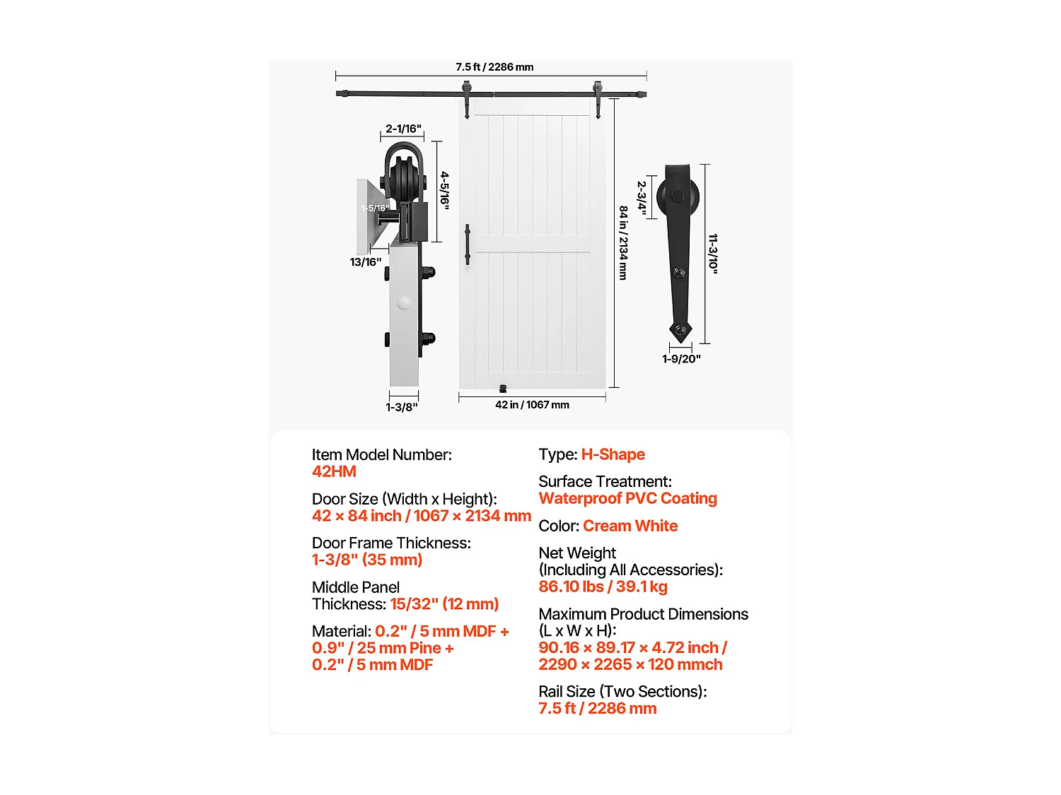 Porta de Celeiro Deslizante SucceBuy, 106,7 x 213,4 cm, Painel MDF, Kit de Porta Deslizante com Kit de Ferragens, Moldura em H, para Sala de Estar e Casa de Banho