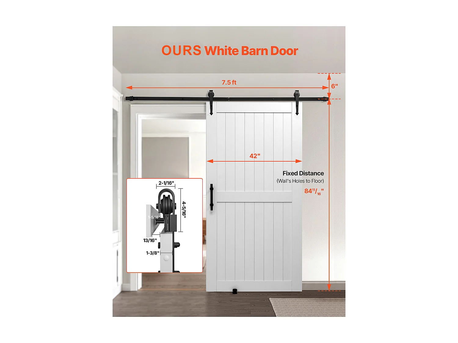 Porta de Celeiro Deslizante SucceBuy, 106,7 x 213,4 cm, Painel MDF, Kit de Porta Deslizante com Kit de Ferragens, Moldura em H, para Sala de Estar e Casa de Banho