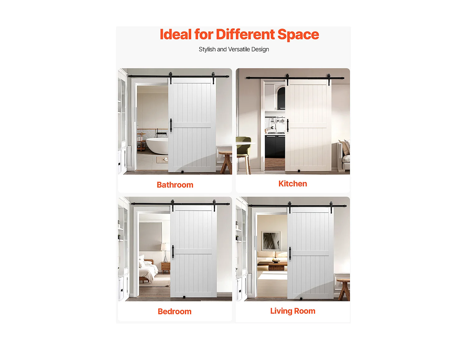 Porta de Celeiro Deslizante SucceBuy, 106,7 x 213,4 cm, Painel MDF, Kit de Porta Deslizante com Kit de Ferragens, Moldura em H, para Sala de Estar e Casa de Banho