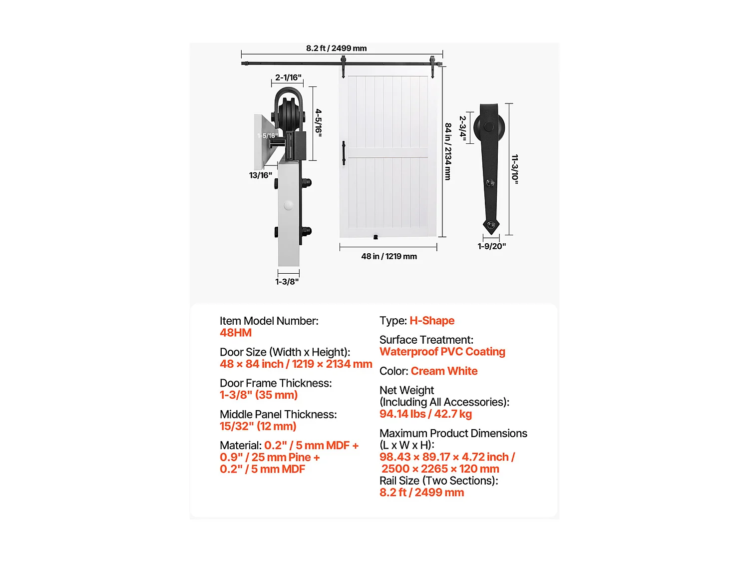 Puerta Corredera para Granero SucceBuy, 121,9 x 213,4 cm, Panel MDF, Kit de Puerta Corredera con Kit de Herrajes, Marco en H, para Salón y Baño