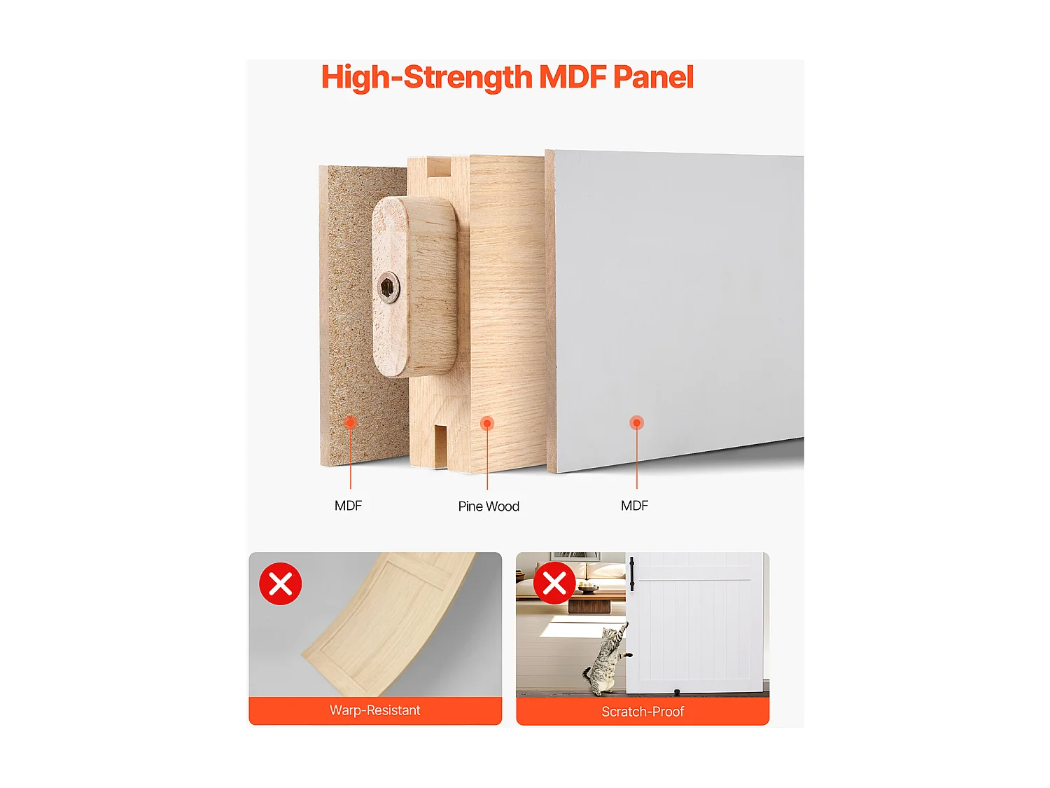 Puerta Corredera para Granero SucceBuy, 121,9 x 213,4 cm, Panel MDF, Kit de Puerta Corredera con Kit de Herrajes, Marco en H, para Salón y Baño