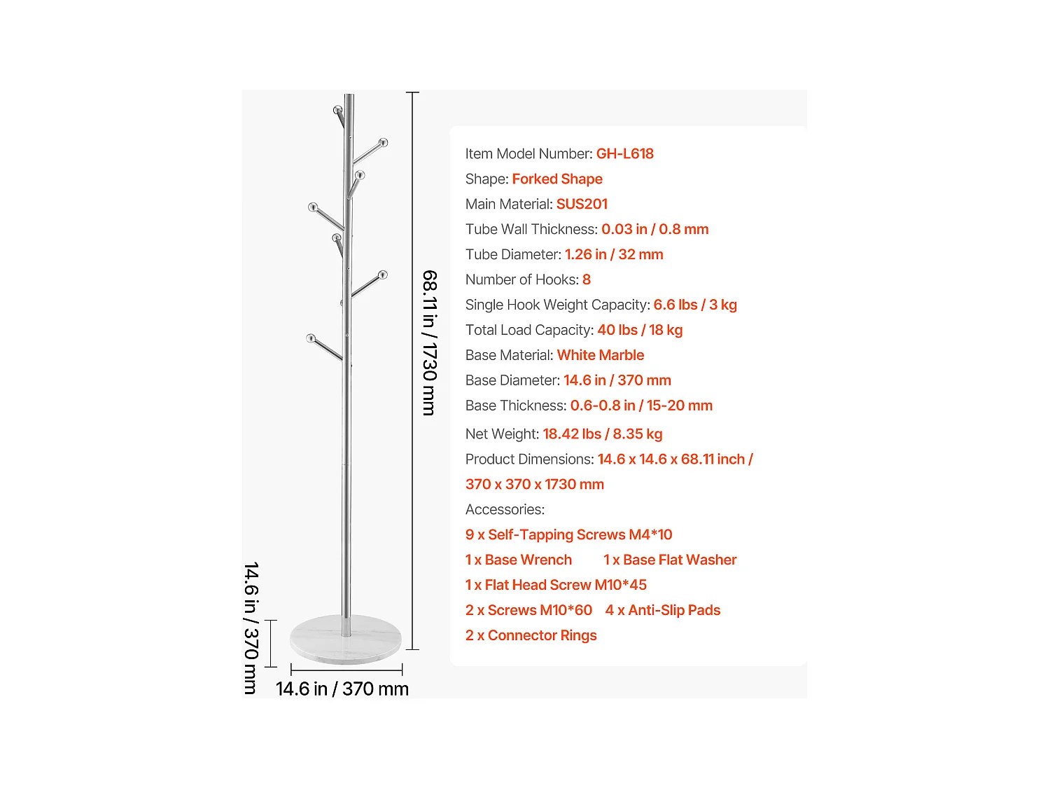 Appendiabiti da Terra SucceBuy, Appendiabiti con Base in Marmo, 8 Ganci, Appendiabiti in Metallo Autoportante per Ingresso, Camera da Letto, Soggiorno
