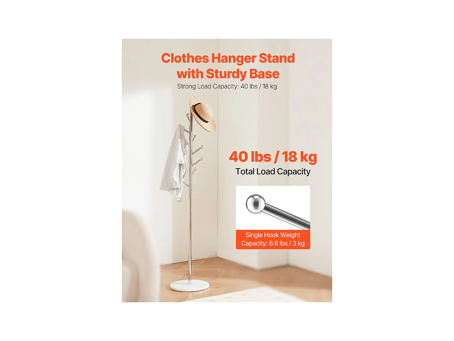 Appendiabiti da Terra SucceBuy, Appendiabiti con Base in Marmo, 8 Ganci, Appendiabiti in Metallo Autoportante per Ingresso, Camera da Letto, Soggiorno